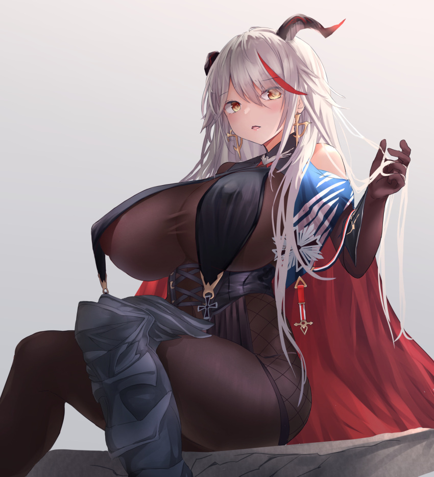 1girl, aegir_(azur_lane), asymmetrical_footwear, azur_lane, black_cape, bodystocking, breast_curtains, breasts, cape, crossed_legs, demon_horns, earrings, hair_between_eyes, highres, horns, huge_breasts, iron_blood_(emblem), iron_cross, jewelry, long_hair, looking_to_the_side, mechanical_horns, multicolored_hair, redhead, silver_hair, sitting, streaked_hair, uneven_footwear, yellow_eyes, yuuki_shuri