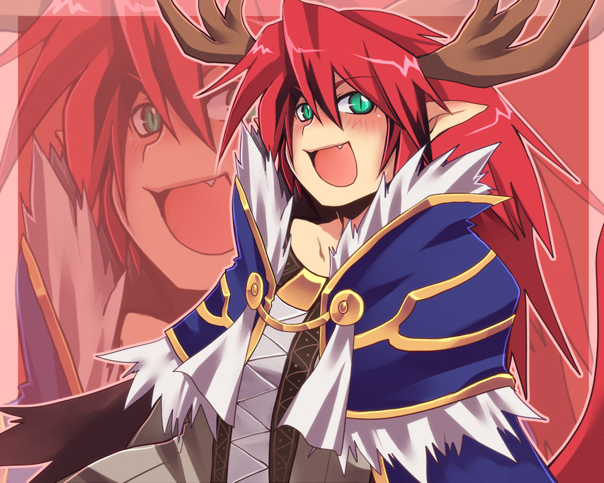 1boy, alchemist_(ragnarok_online), antlers, bangs, blue_cape, blush, brown_coat, cape