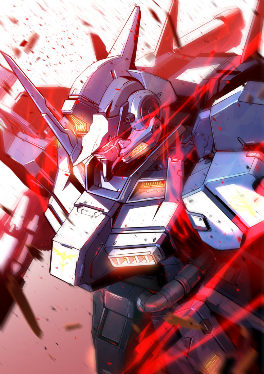 glowing, glowing_eyes, gundam, highres, horns, kuri_giepi, looking_down, mecha