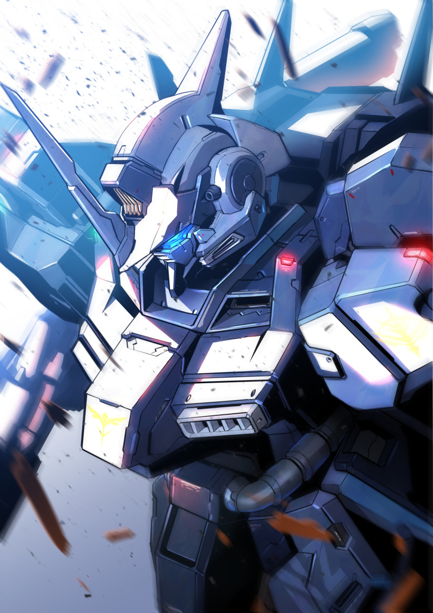 blue_eyes, glowing, glowing_eyes, gundam, highres, horns, kuri_giepi, looking_down