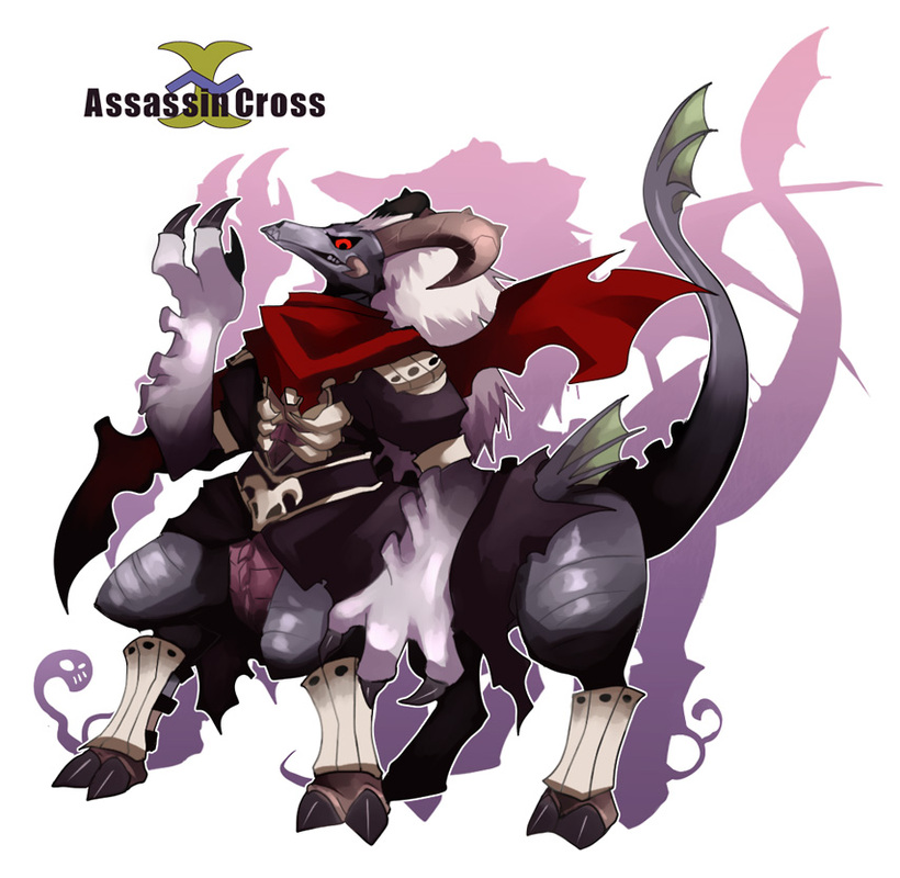 armor, assassin_cross_(ragnarok_online), black_cape, black_sclera, black_shirt, cape, character_name, character_request, colored_sclera, commentary_request, crossover, dragon, dragon_chronicle, emon-yu, full_body, greaves, no_humans, open_clothes, open_shirt, pauldrons, ragnarok_online, red_eyes, red_scarf, scarf, shirt, shoulder_armor, taur, torn_cape, torn_clothes, torn_scarf, waist_cape, white_background