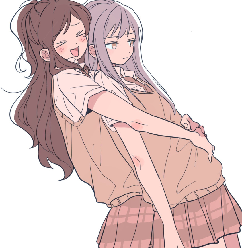 >_<, 2girls, :d, bang_dream!, bangs, blush, brown_hair, expressionless, grey_hair, haneoka_school_uniform, highres, hug, hug_from_behind, imai_lisa, long_hair, looking_down, minato_yukina, miniskirt, multiple_girls, necktie, open_mouth, pleated_skirt, red_skirt, res2shuu, school_uniform, shirt, simple_background, skirt, smile, standing, sweater_vest, swept_bangs, white_background, white_shirt, yuri