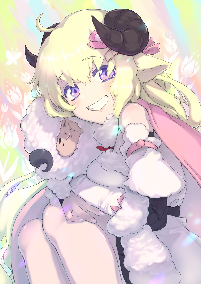 1girl, absurdres, animal, animal_ears, bangs, blonde_hair, breasts, cape, detached_sleeves, dress, fur_trim, haisaka_r, highres, holding, holding_animal, hololive, horns, hug, long_hair, medium_breasts, pink_cape, sheep, sheep_ears, sheep_girl, sheep_horns, smile, solo, tsunomaki_watame, violet_eyes, virtual_youtuber, white_dress