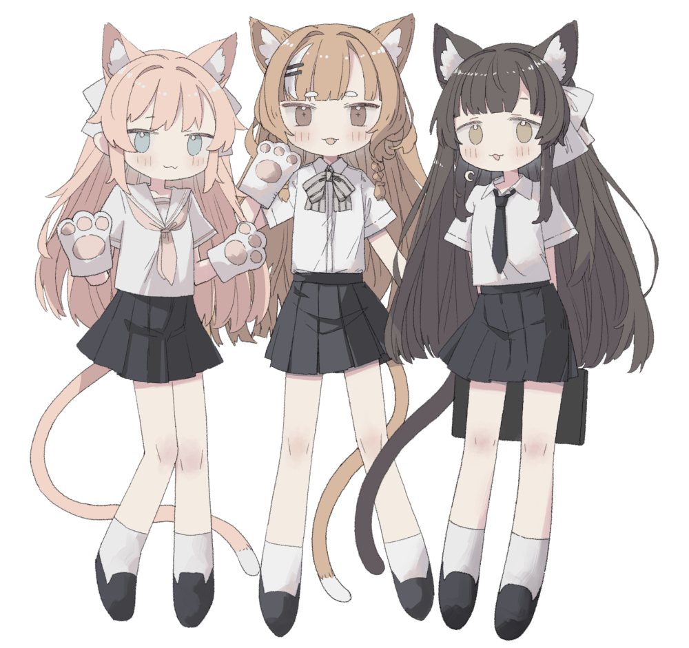 3girls, :3, animal_ear_fluff, animal_ears, anya_pandaria, atelier_live, bangs, black_footwear