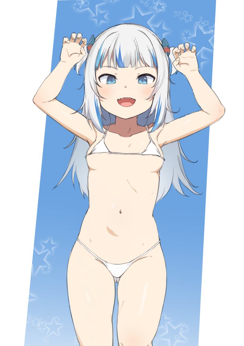 1girl, armpits, arms_up, ass_visible_through_thighs, bikini, blue_background, blue_eyes, breasts