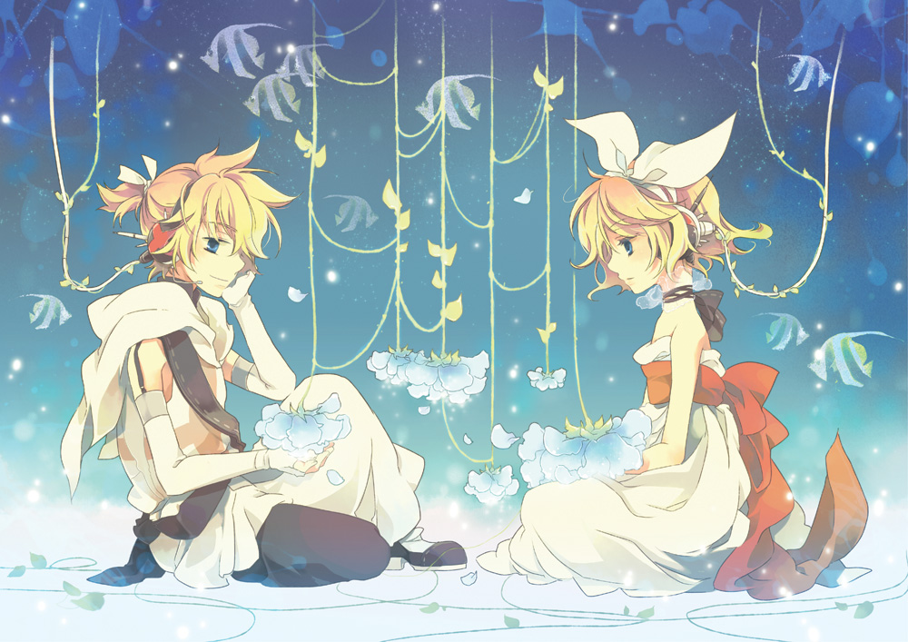 blue_eyes, flower, hair_ribbon, hand_on_headphones, headphones, headset, jonejung, kagamine_len, kagamine_rin, ribbon, short_hair, siblings, twins, vocaloid