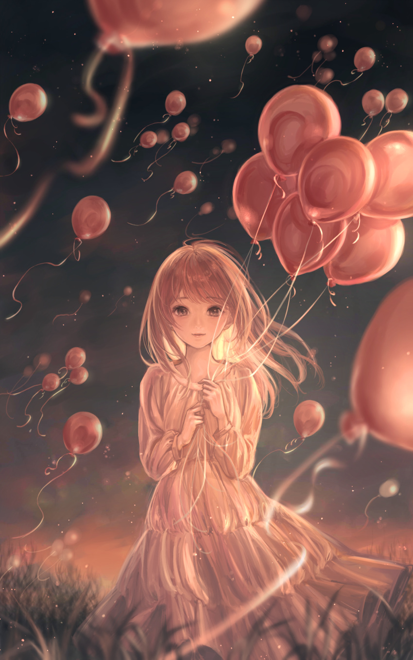 1girl, absurdres, balloon, brown_hair, dress, evening, highres, long_hair