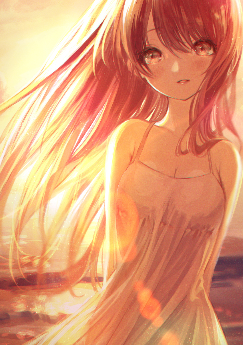 1girl, absurdres, backlighting, blush, dress, highres, huge_filesize, lens_flare, long_hair, looking_at_viewer, marutani, ocean, original, red_eyes, redhead, solo, sunset, upper_body