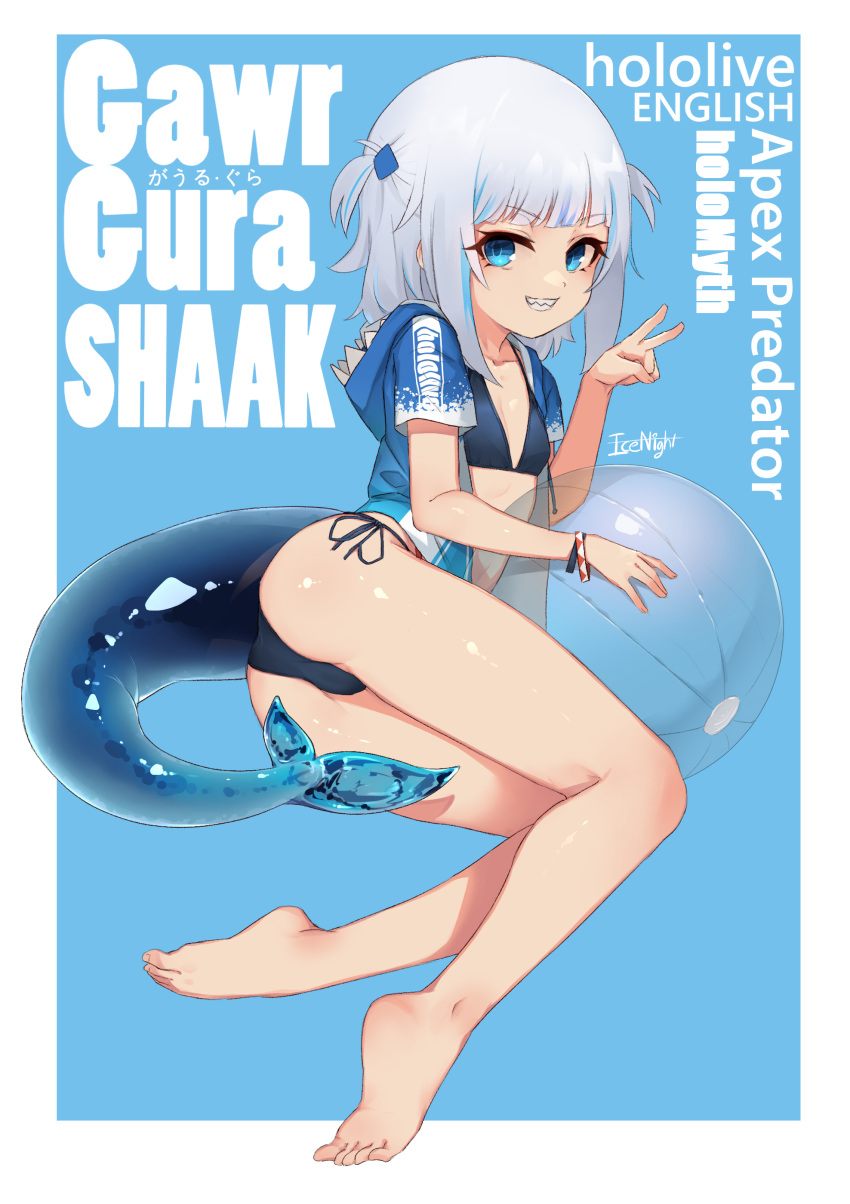 1girl, absurdres, artist_name, ass, ball, barefoot, beachball, bikini, black_bikini, blue_background, blue_eyes, blue_jacket, breasts, character_name, collarbone, copyright_name, eyebrows_visible_through_hair, feet, fish_tail, full_body, gawr_gura, grin, highres, hololive, hololive_english, icenight, jacket, legs, lying, on_side, shark_tail, sharp_teeth, short_hair, short_sleeves, side-tie_bikini, silver_hair, simple_background, small_breasts, smile, soles, solo, swimsuit, tail, teeth, thighs, toes, two_side_up, v, virtual_youtuber