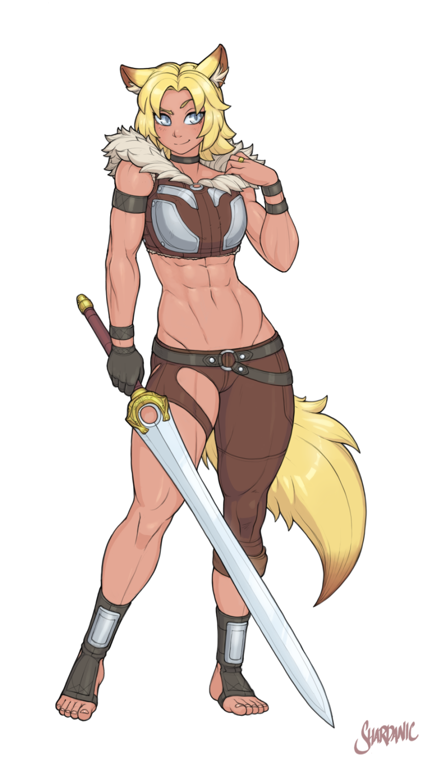 1girl, abs, animal_ears, armband, artist_name, blonde_hair, choker, commission