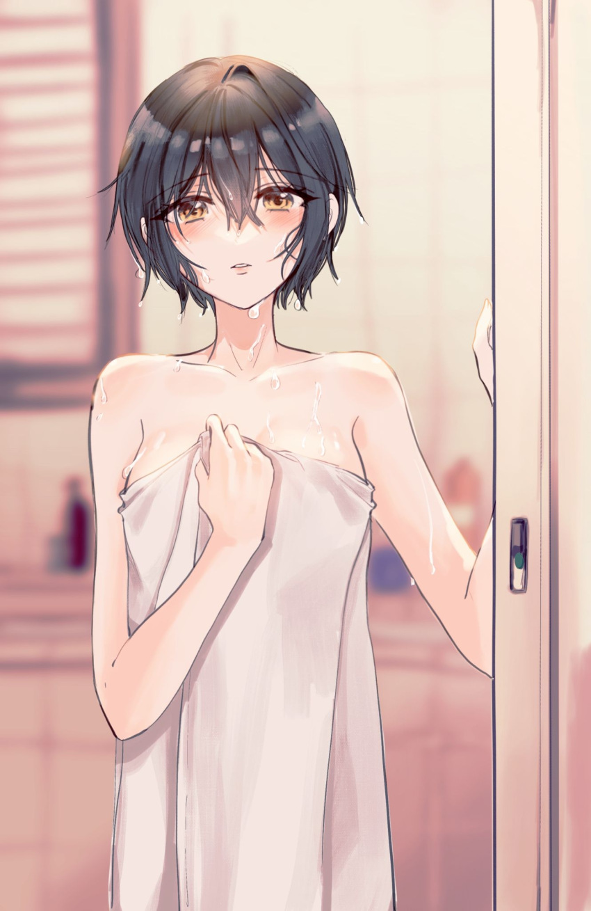 1girl, bangs, bathroom, black_hair, blurry, blurry_background, collarbone, commentary
