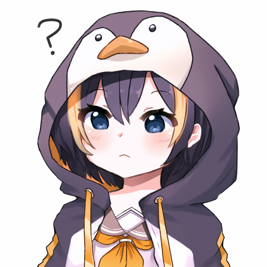 1girl, ?, animal_hood, blonde_hair, blue_eyes, blush, brown_hair, drawstring