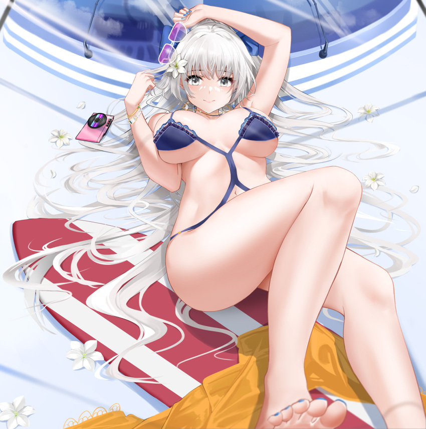 1girl, :>, ass, azur_lane, barefoot, bikini, blue_bikini, blue_nails, bracelet, breasts, breasts_apart, closed_mouth, eyewear_removed, grey_eyes, highres, holding, holding_eyewear, jewelry, large_breasts, looking_at_viewer, lying, navel, on_back, qing_wu, silver_hair, smile, solo, stomach, sunglasses, swimsuit, toenail_polish, vittorio_veneto_(azur_lane), vittorio_veneto_(the_flower_of_la_spezia)_(azur_lane)