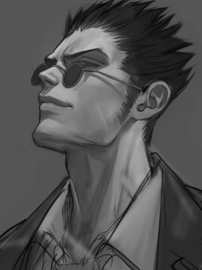 1boy, business_suit, closed_mouth, collared_shirt, cutiicosmo, formal, grey_background, greyscale