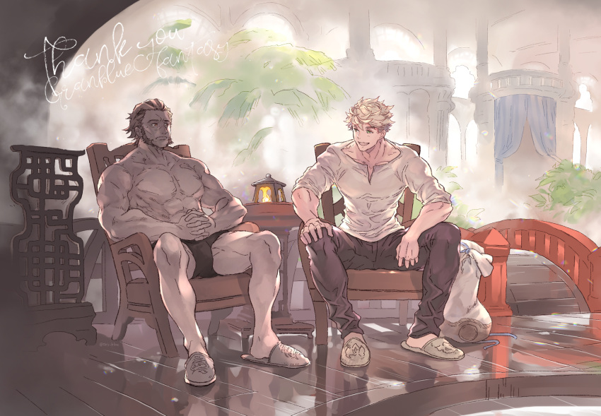 2boys, bathtub, black_pants, blonde_hair, brown_eyes, brown_hair, deliford, granblue_fantasy