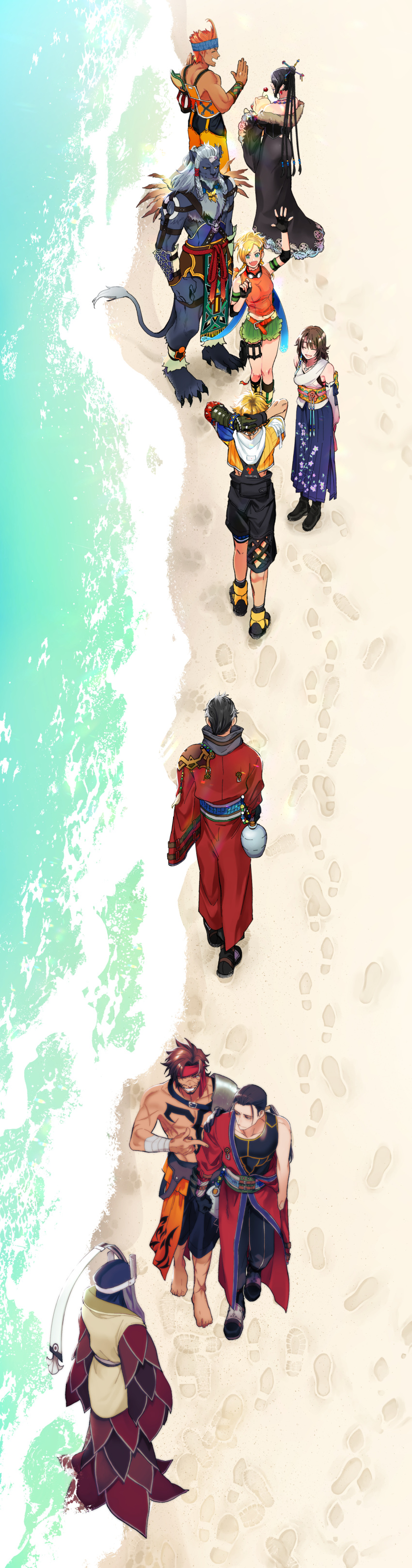 3girls, 6+boys, absurdres, armor, arms_behind_head, auron, bare_shoulders, barefoot