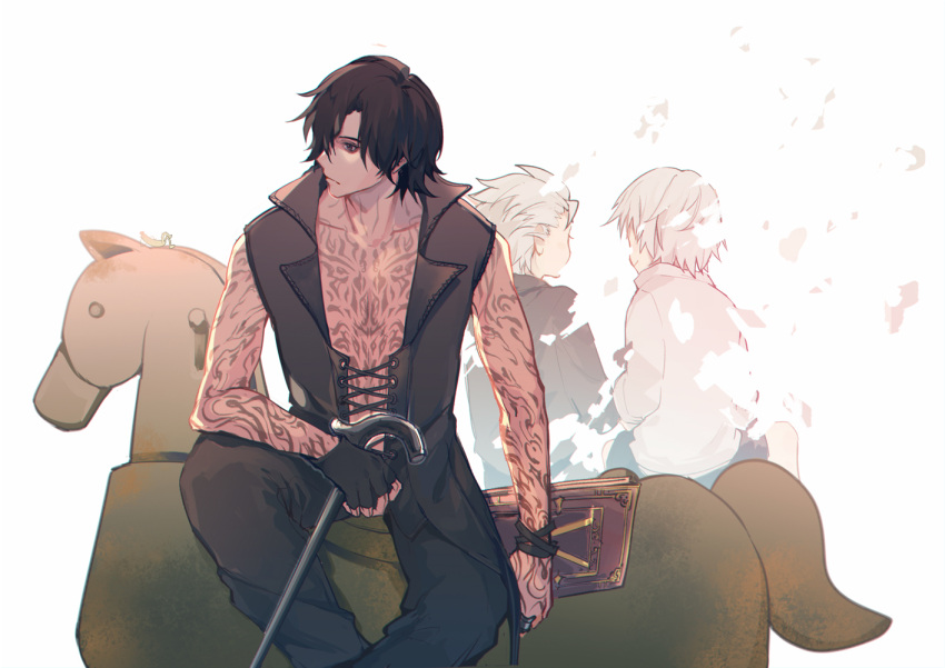 3boys, arm_tattoo, black_coat, black_eyes, black_gloves, black_hair, black_shirt, book