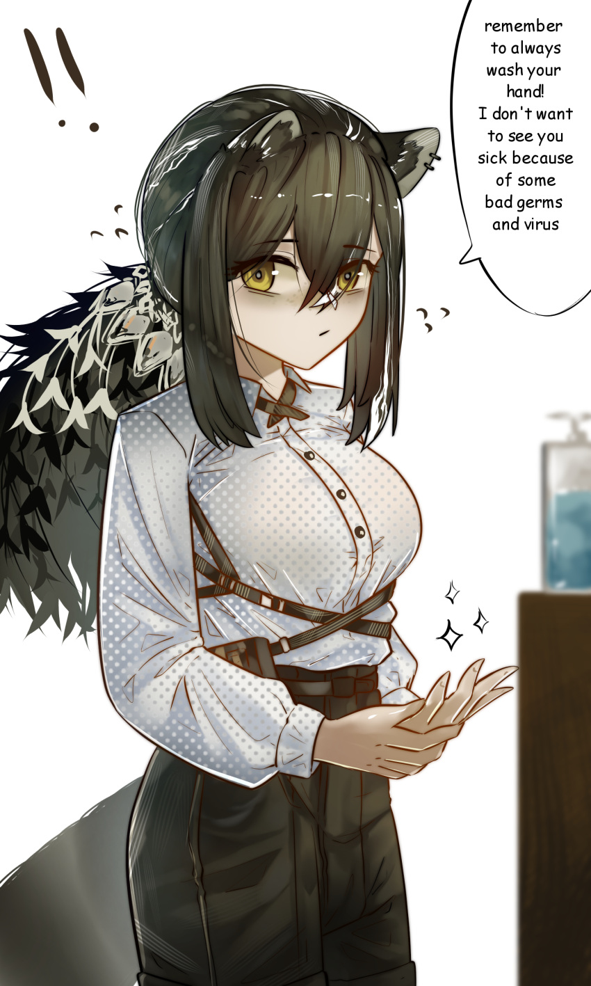 !, !!, 1girl, absurdres, animal_ears, arknights, black_hair, black_pants