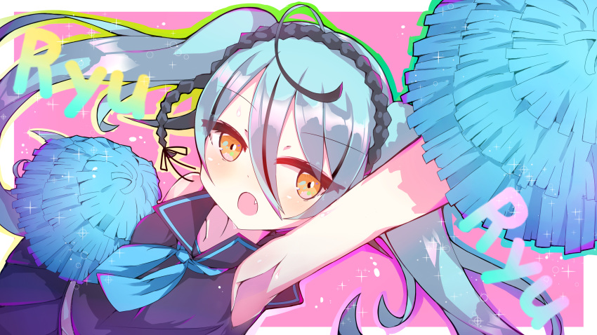 1girl, ahoge, arm_up, armpit_crease, blush, breasts, cheerleader, eyebrows_visible_through_hair