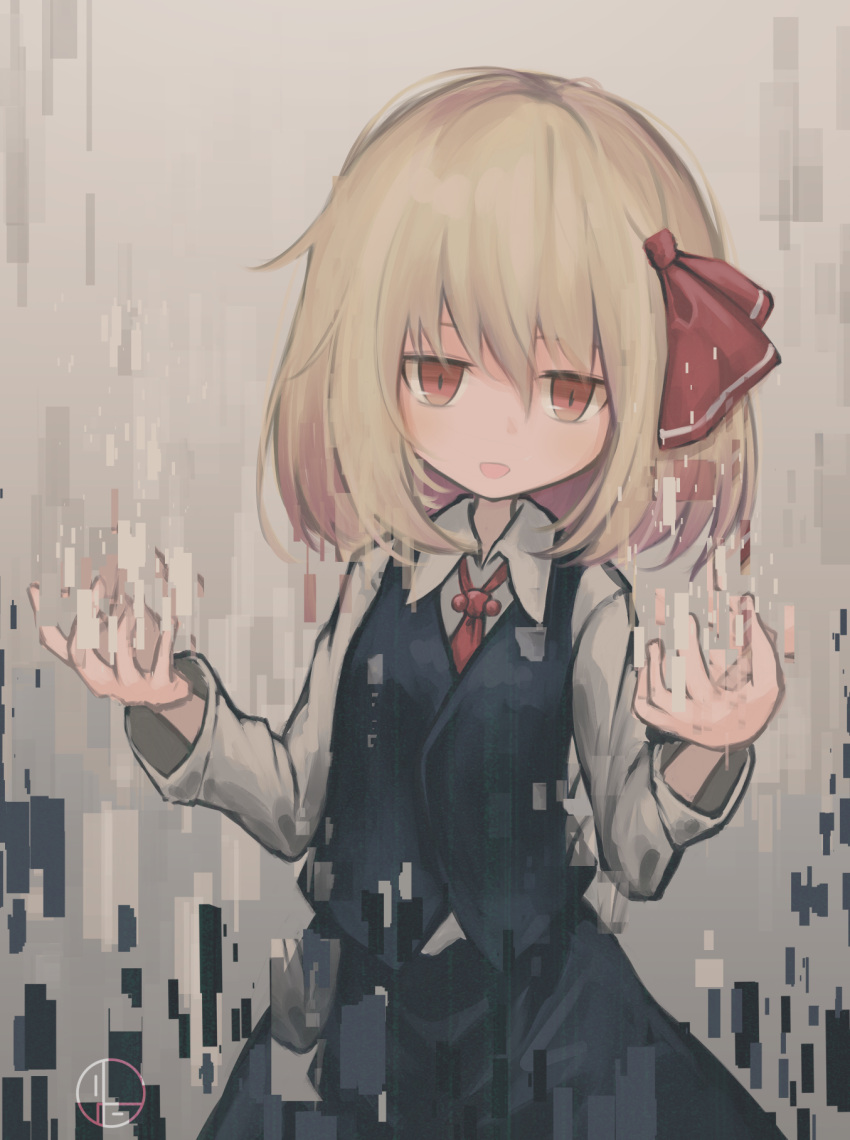 1girl, arms_up, bad_hands, bangs, black_skirt, black_vest, blonde_hair, bow