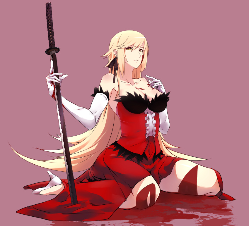 1girl, bare_shoulders, blonde_hair, blood, blood_on_face, blood_stain, bloody_hands, bridal_gauntlets