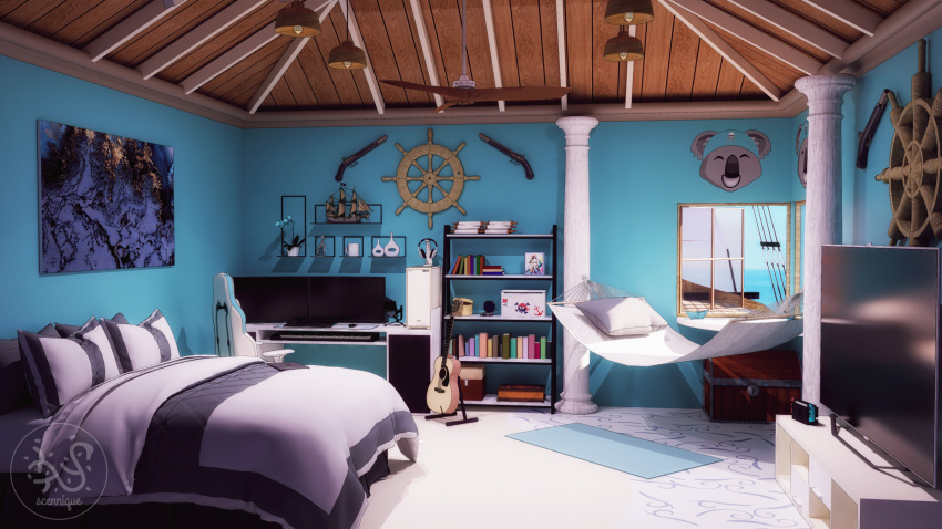 antique_firearm, ban_hada, bed, book, bookshelf, computer, english_commentary, firelock, flintlock, guitar, gun, hammock, highres, indoors, instrument, kaizocrew_(ban_hada), nijisanji, nijisanji_kr, nintendo_switch, no_humans, photo_(object), scenery, scennique, television, virtual_youtuber, weapon
