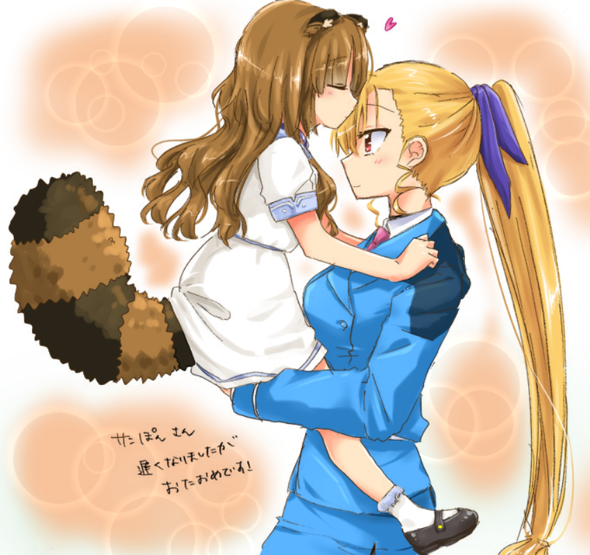 2girls, animal_ears, bangs, blonde_hair, blue_jacket, blue_ribbon, blue_skirt, bobby_socks, brown_hair, child_carry, closed_eyes, closed_mouth, colorized, commentary_request, dress, dress_shirt, forehead_kiss, from_side, hair_ribbon, happy_birthday, heart, jacket, kiss, long_hair, long_sleeves, looking_at_another, lyrical_nanoha, mary_janes, multiple_girls, necktie, older, pencil_skirt, ponytail, purple_neckwear, raccoon_ears, raccoon_tail, red_eyes, ribbon, rui_rui_rui0122, san-pon, shirt, shoes, short_dress, short_sleeves, skirt, smile, socks, standing, tail, tsab_naval_military_uniform, vivio, white_dress, white_legwear, white_shirt