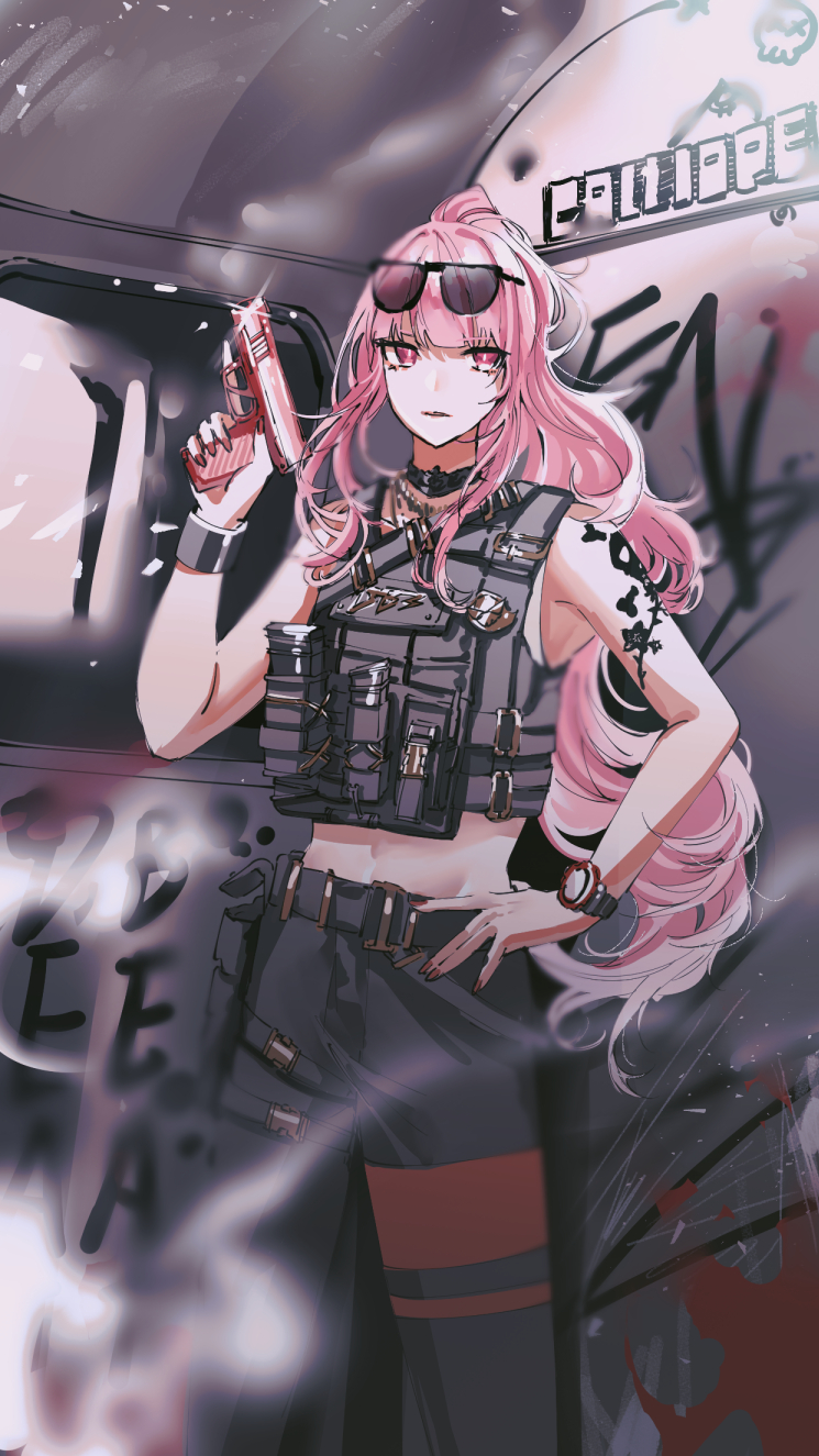 1girl, bangs, belt, black_belt, eyewear_on_head, gun, hand_on_hip, handgun