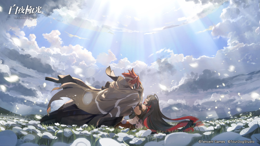 1boy, 1girl, ahoge, alchemy_stars, bangs, black_hair, cape, clouds