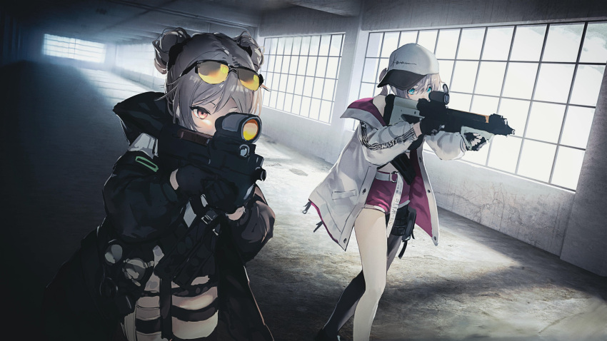 2girls, ar-57, ar-57_(girls_frontline), assault_rifle, baseball_cap, black_gloves, black_jacket, black_legwear, blue_eyes, bullpup, double_bun, eyewear_on_head, fingerless_gloves, gas_mask, girls_frontline, gloves, gun, hara_shoutarou, hat, highres, holding, holding_weapon, hood, hood_down, hooded_jacket, indoors, jacket, light_brown_hair, long_hair, mask, mask_removed, multiple_girls, optical_sight, p90, p90_(girls_frontline), pink_eyes, ponytail, rifle, short_hair, shorts, single_leg_pantyhose, submachine_gun, sunglasses, weapon, white_jacket, window