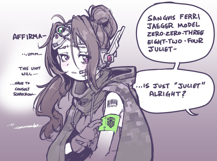 1girl, armband, bags_under_eyes, barcode, barcode_tattoo, brown_hair, camouflage, camouflage_cape