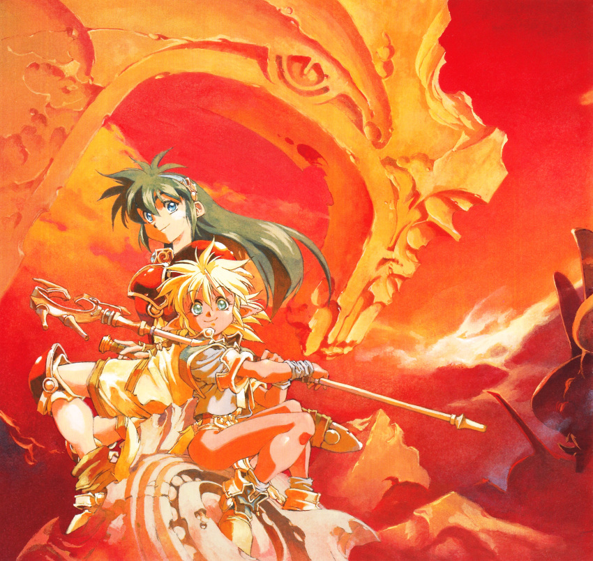 1990s_(style), 2girls, absurdres, armor, blonde_hair, blue_hair, boots, breastplate