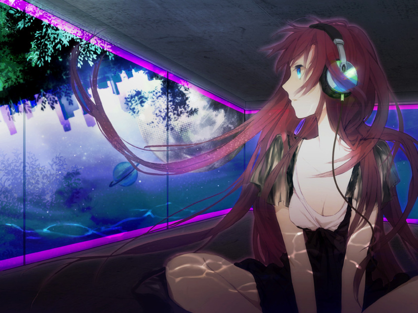 aqua_eyes, avtechno!, breasts, cleavage, free_(vocaloid), headphones, kazune_(baumkuchen), long_hair