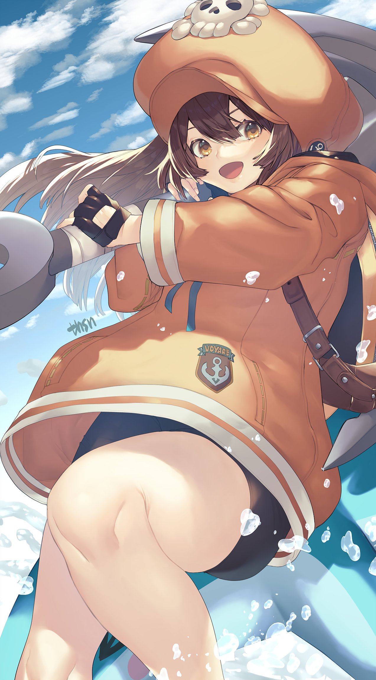 1girl, anchor, anchor_symbol, bike_shorts, black_gloves, black_shorts, blue_sky, blush