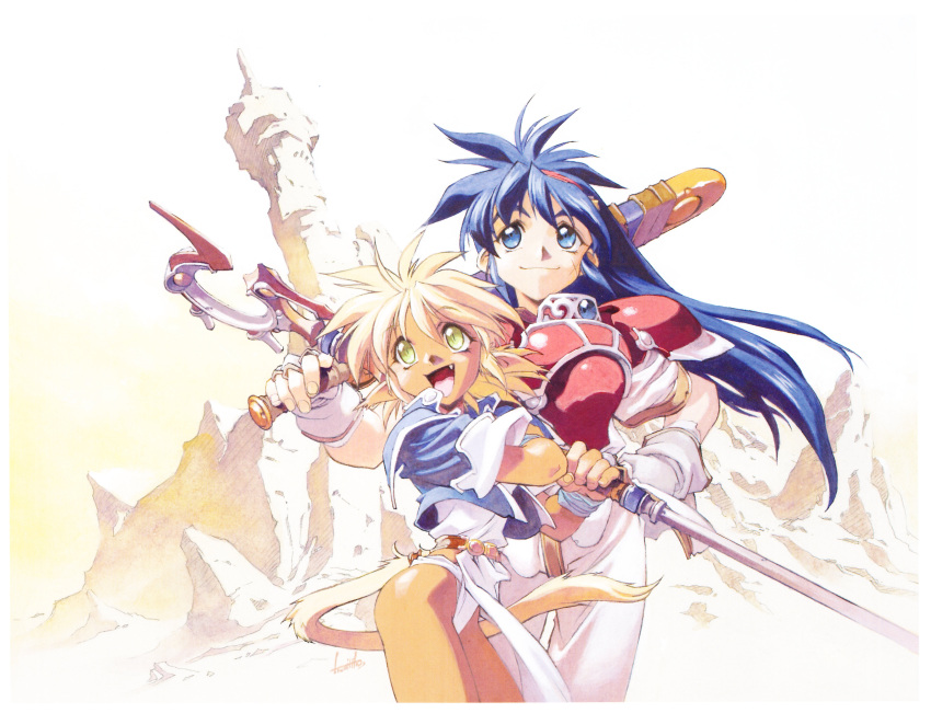 1990s_(style), 2girls, absurdres, armor, blonde_hair, blue_eyes, blue_hair, breastplate