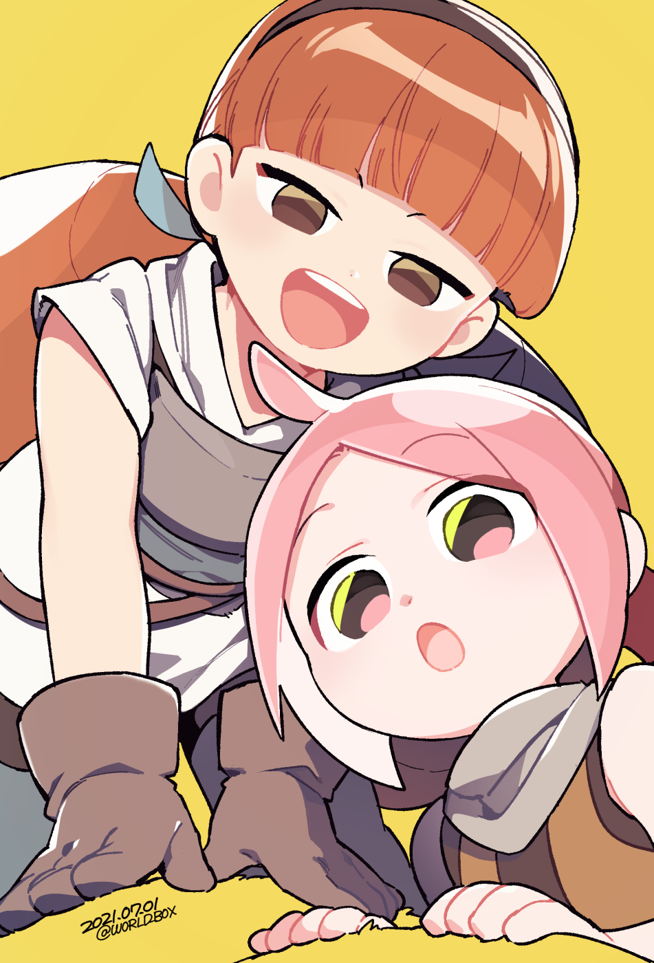 2girls, bangs, blunt_bangs, brown_eyes, brown_gloves, brown_hair, brown_hairband, dated