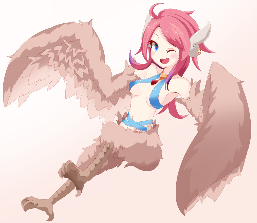 1girl, absurdres, ahoge, animal_ears, animal_feet, bird_ears, bird_legs, blue_eyes