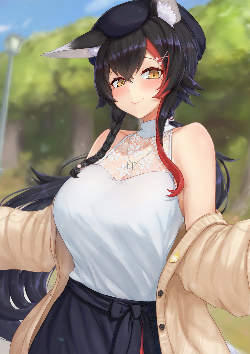 1girl, animal_ear_fluff, animal_ears, bangs, bare_shoulders, beige_cardigan, beret, black_hair