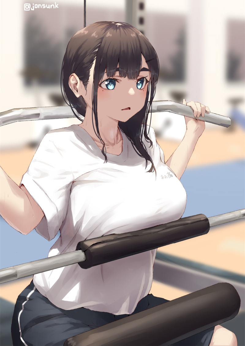 1girl, bangs, black_shorts, blue_eyes, blunt_bangs, breasts, brown_hair, collarbone