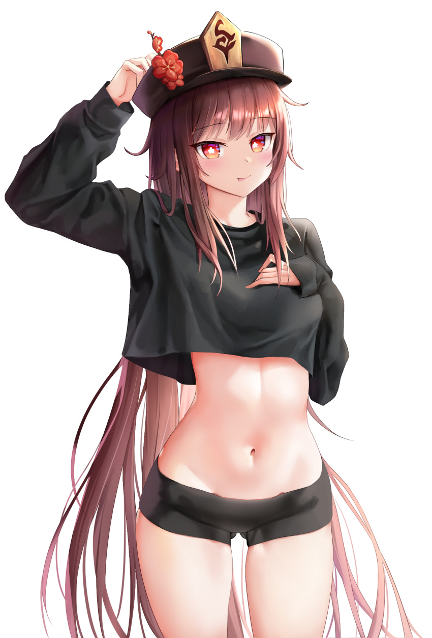 1girl, arm_up, ass_visible_through_thighs, black_headwear, black_shirt, black_shorts, breasts, brown_hair