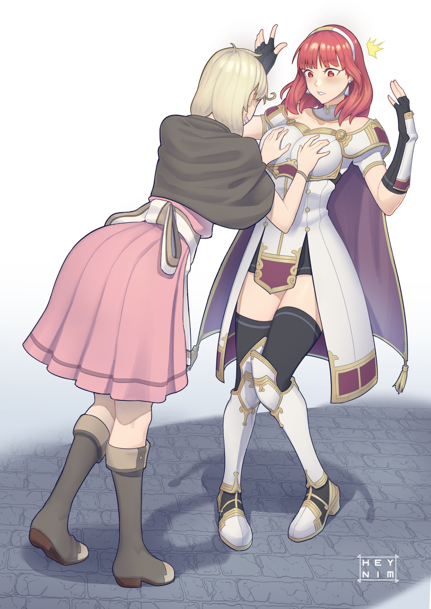 armor, blonde_hair, blush, breast_grab, breasts, celica_(fire_emblem), dress, earrings, faye_(fire_emblem), fingerless_gloves, fire_emblem, fire_emblem_echoes:_shadows_of_valentia, gloves, grabbing, groping, heynim, highres, jewelry, long_hair, priestess, princess, red_eyes, redhead, smile, thigh-highs, thighs, touching, yuri