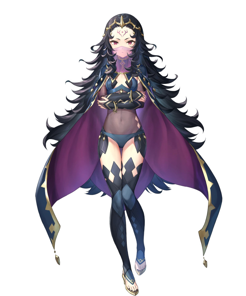 1girl, black_hair, bodystocking, bracelet, breasts, cape, facial_mark, fingernails