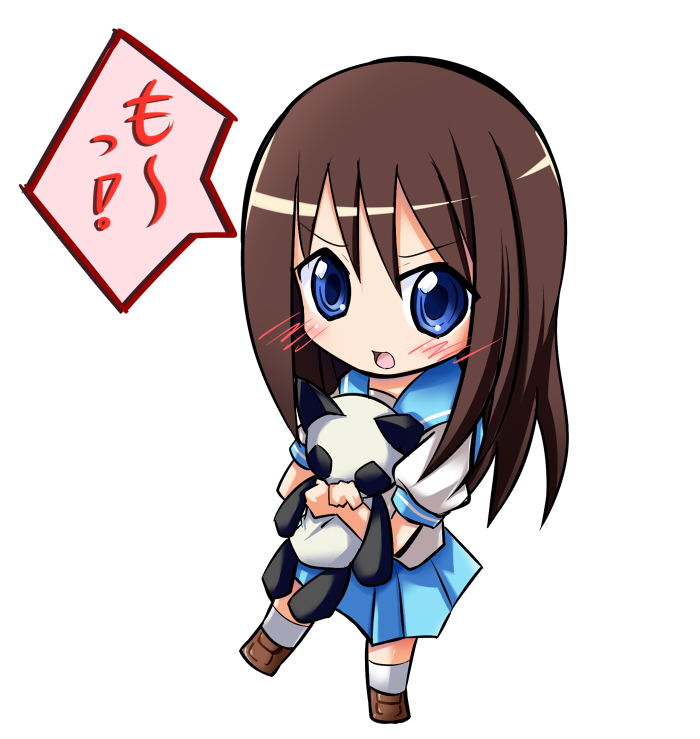 blush, brown_hair, chibi, hanamaru_youchien, hug, panda, panda_neko, school_uniform