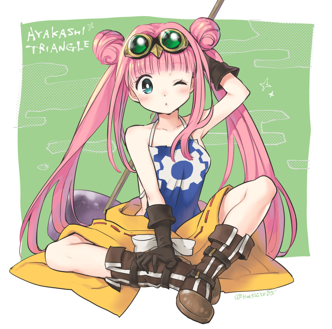 1girl, artist_name, ayakashi_triangle, bare_shoulders, blush, boots, brown_footwear, commentary_request