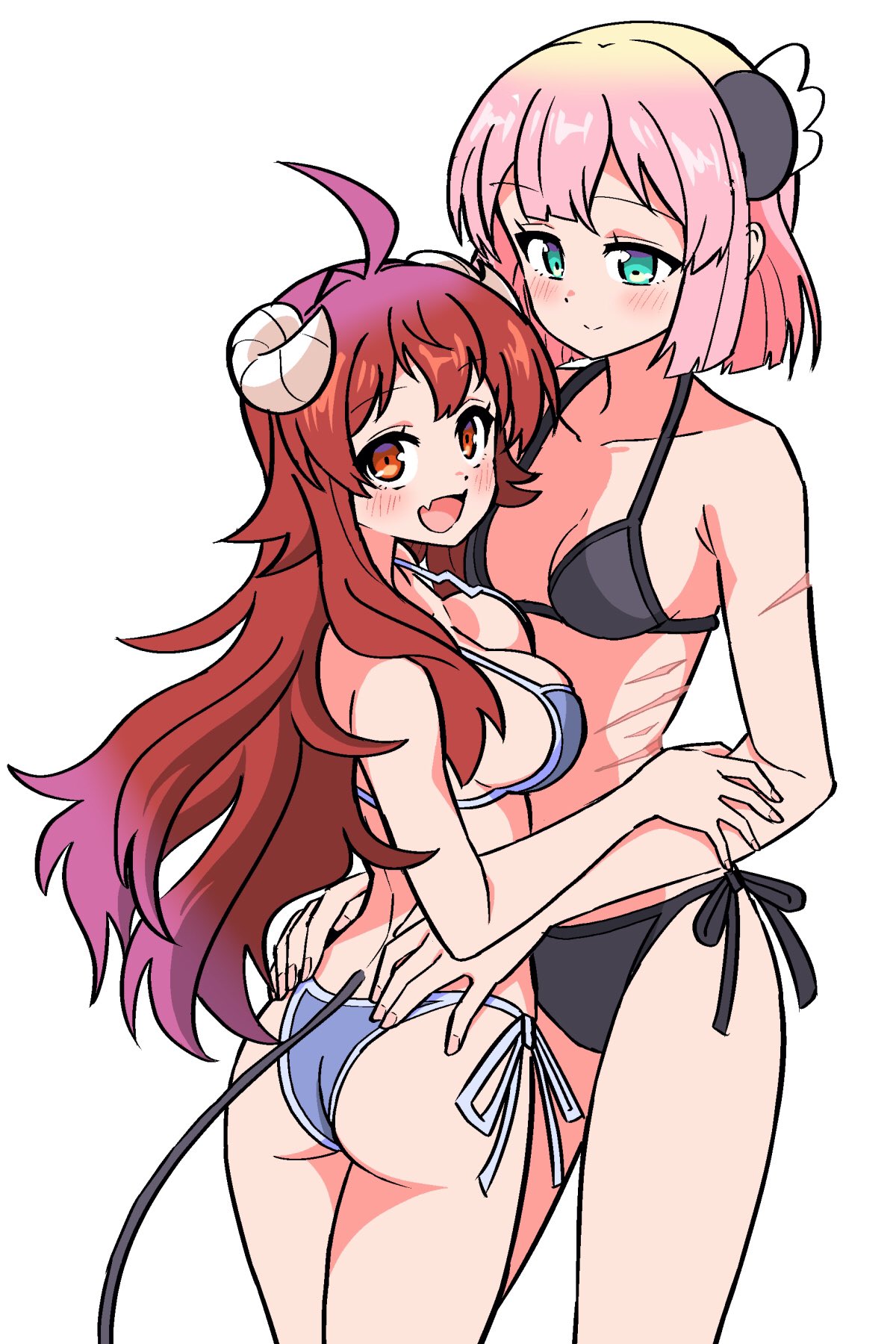 2girls, ahoge, ass, bikini, blush, breasts, brown_eyes, brown_hair, chiyoda_momo, collarbone, commentary_request, curled_horns, demon_girl, demon_horns, demon_tail, eyebrows_visible_through_hair, fang, green_eyes, hair_ornament, hairclip, halterneck, highres, hiroshix31, horns, hug, long_hair, looking_at_another, looking_at_viewer, machikado_mazoku, medium_breasts, multiple_girls, open_mouth, pink_hair, scar, shiny, shiny_hair, short_hair, side-tie_bikini, simple_background, skin_fang, small_breasts, smile, string_bikini, swimsuit, tail, white_background, yoshida_yuuko_(machikado_mazoku), yuri