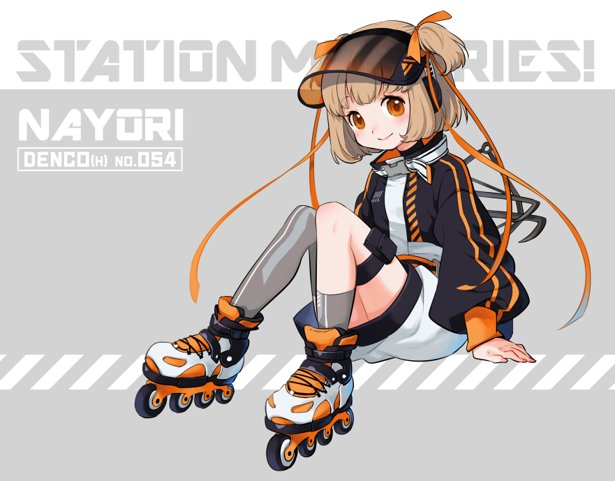 1girl, asymmetrical_legwear, blush, brown_hair, character_name, character_request, commentary_request, english_text, eyelashes, grey_legwear, hair_ornament, hair_ribbon, happy, inline_skates, jacket, kashito05, looking_at_viewer, medium_hair, orange_eyes, ribbon, roller_skates, short_twintails, sitting, skates, smile, solo, station_memories, thigh-highs, thighs, twintails