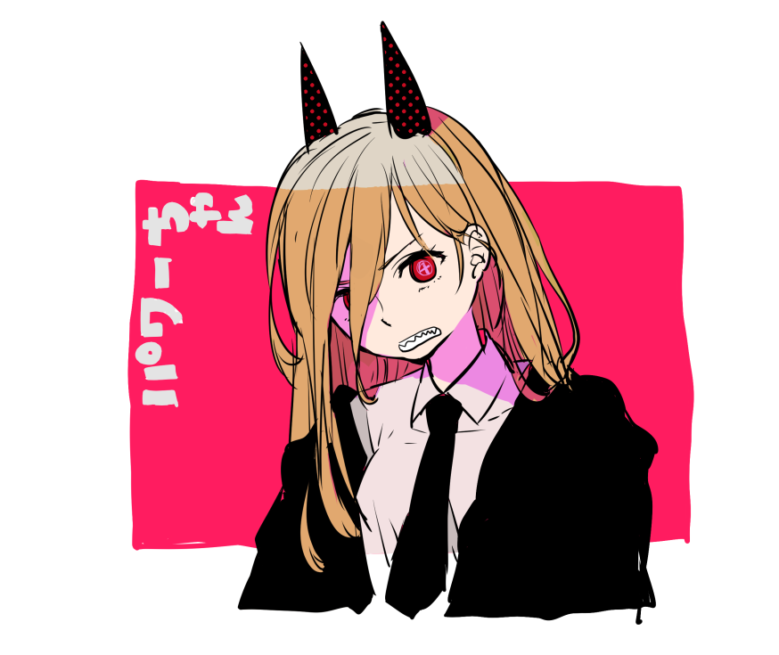 1girl, chainsaw_man, commentary_request, crosshair_pupils, demon_girl, demon_horns, eyelashes, horns, jacket, kashito05, long_hair, looking_at_viewer, necktie, open_clothes, open_jacket, orange_hair, power_(chainsaw_man), red_eyes, shirt, sketch, solo, translation_request, white_shirt