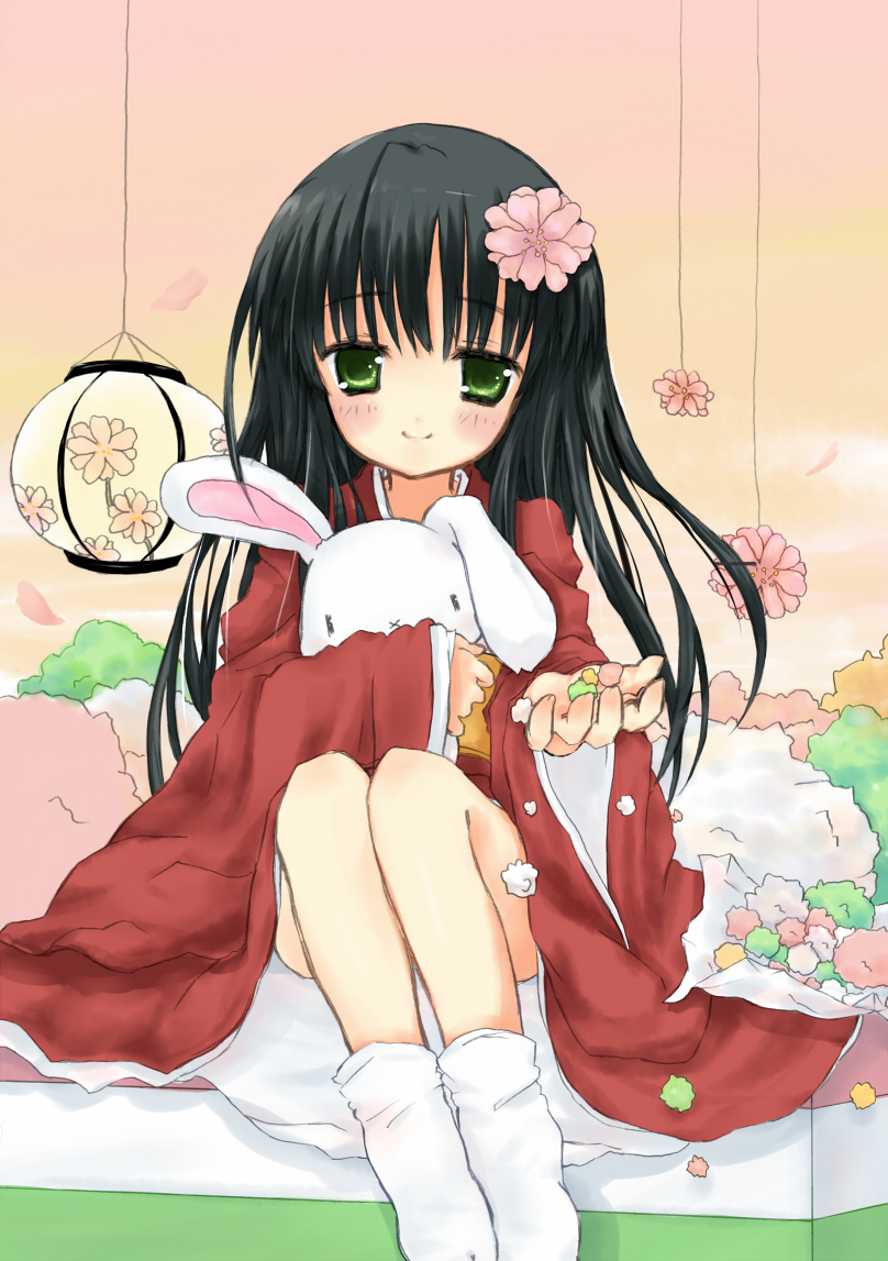 blush, bunny, candy, child, flat_chest, flower, green_eyes, hair_flower, hair_ornament, hug, japanese_clothes, kimono, konpeitou, lantern, loli, long_hair, mizukusa_aoba, original, rabbit, sitting, smile, stuffed_animal, stuffed_toy