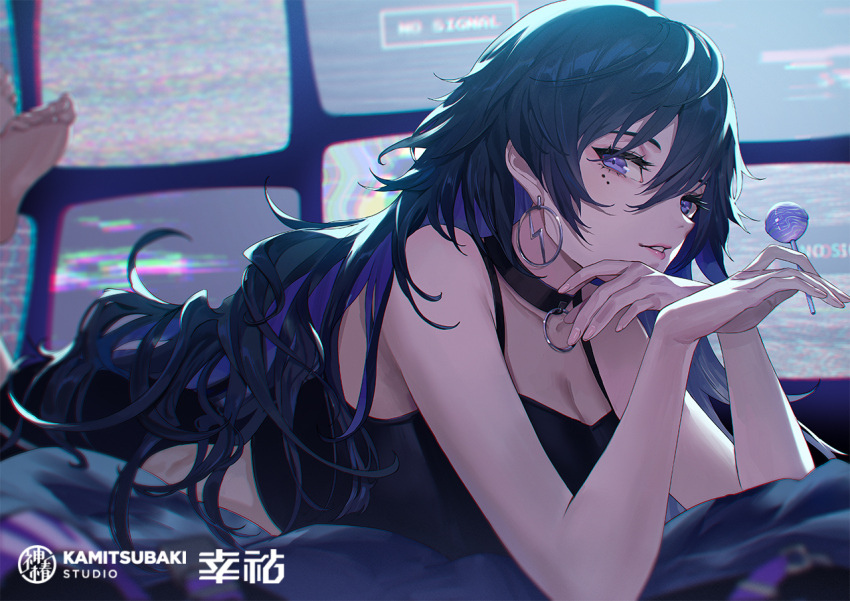 1girl, bangs, barefoot, black_hair, blue_hair, camisole, candy, choker