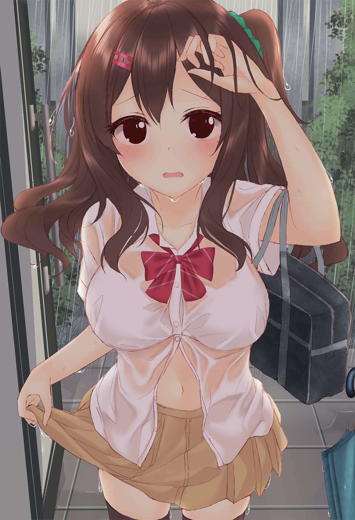1girl, adjusting_clothes, bag, bangs, black_legwear, blush, bow, bowtie